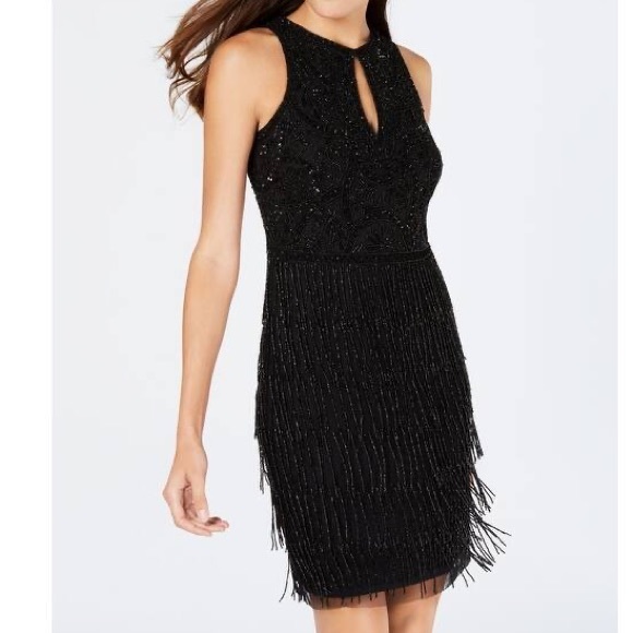Adrianna Papell Dresses & Skirts - Adrianna Papell Black Beaded Fringe Keyhole Dress
